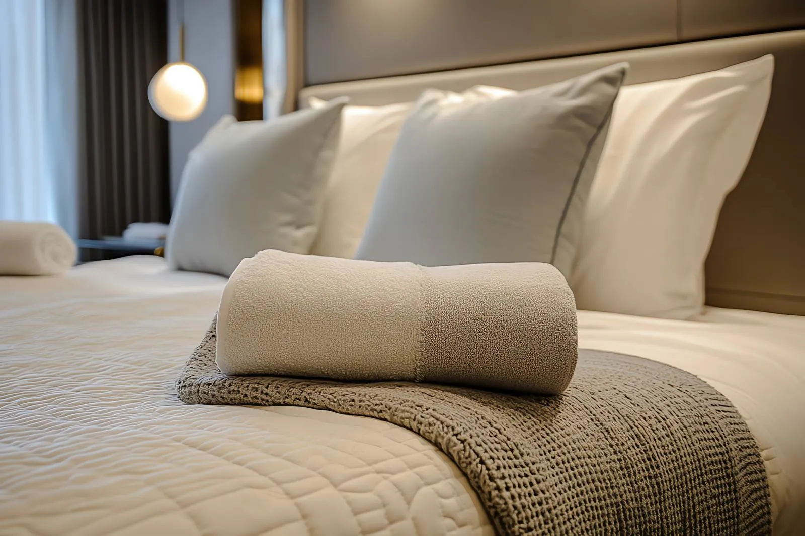 Made bed with white pillows and a folded towel