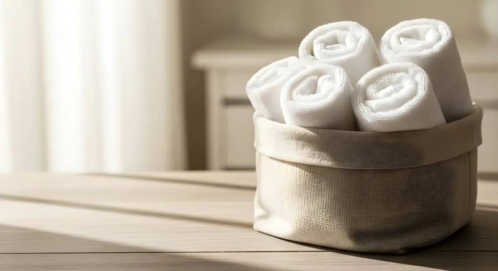 Rolled hand towels in a basket