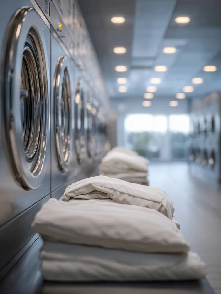 Row of commercial washers with folded linens