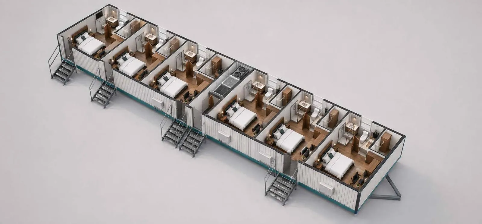 Cutaway rendering of a modular workforce housing unit with private rooms