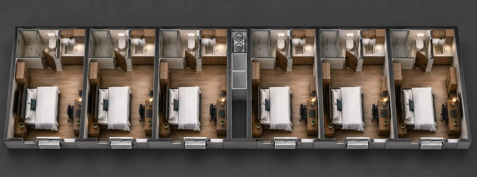 Floor plan of a 6-bed, 6-bath workforce suite