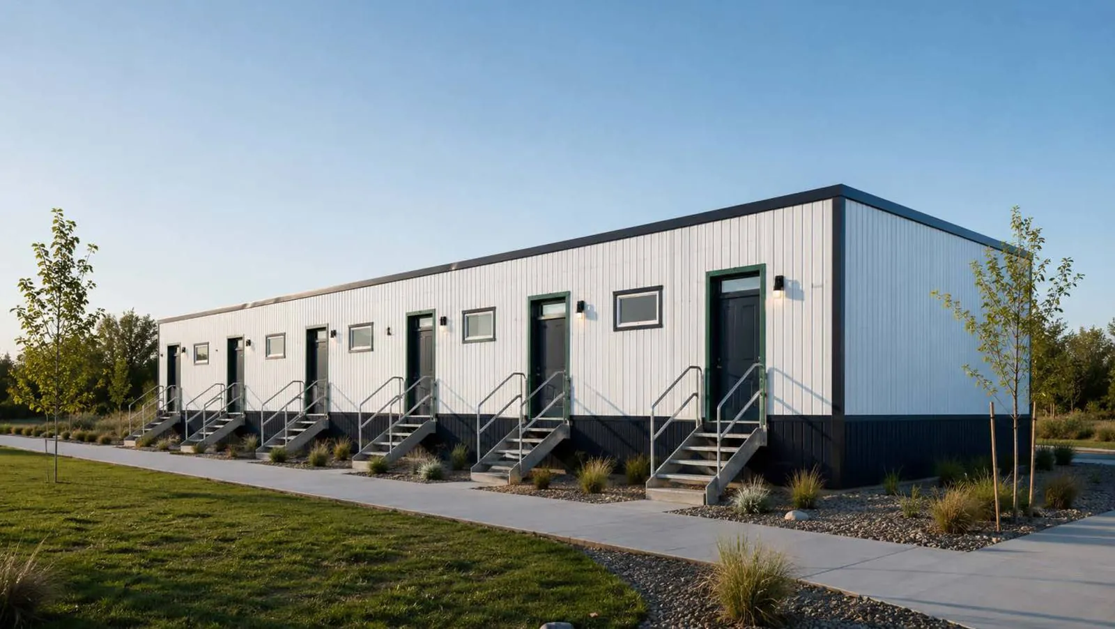 Exterior of a modular workforce housing building at dusk
